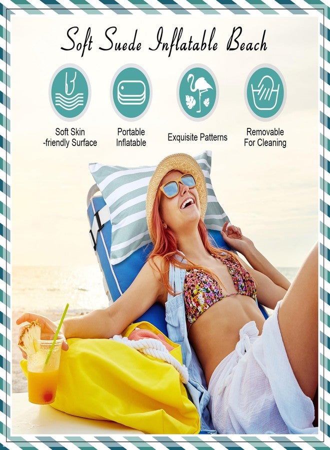 Menkxi 17"x10" Inflatable Beach Pillow with Removable Cover, Beach Chair Backpacking Pillow with Strap Stripe for Summer Sand Pools Travel Vacations(Green White) - Image 2